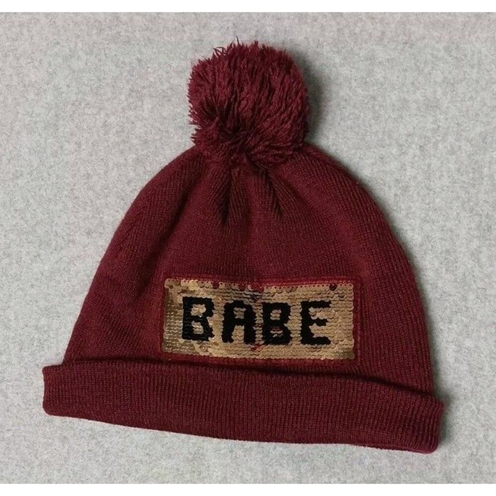 Pugs Gear Babe Crown Pom Pom Beanie One Size Hat Maroon Sequin Knit Winter Cap